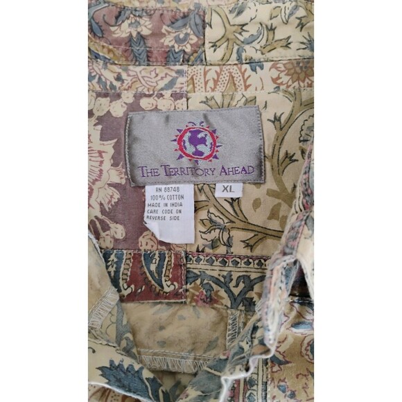 Vtg Territory Ahead Patchwork Shirt Men’s L/XL Tan Boho Festival Outdoor EUC - Picture 6 of 16